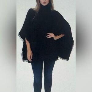 525 AMERICA Sideway Shaker Turtleneck Fringed Poncho Black Ribbed Cotton M/L